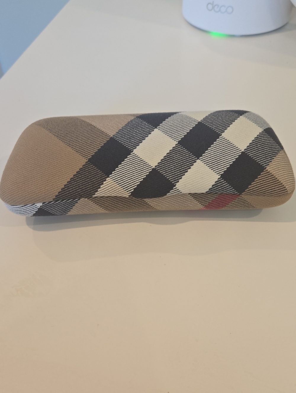 Vintage Burberry Plaid Hard Eyeglass Case in Beige, Black and Cream,Red Accent